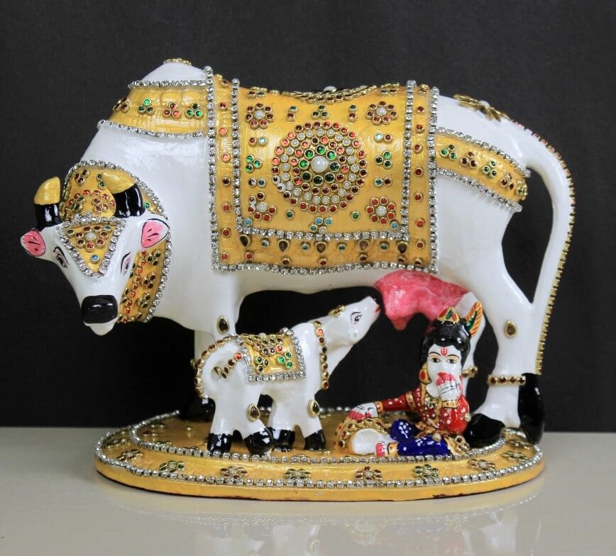 STONE WORK COW CALF STATUE WITH LADDU GOPAL