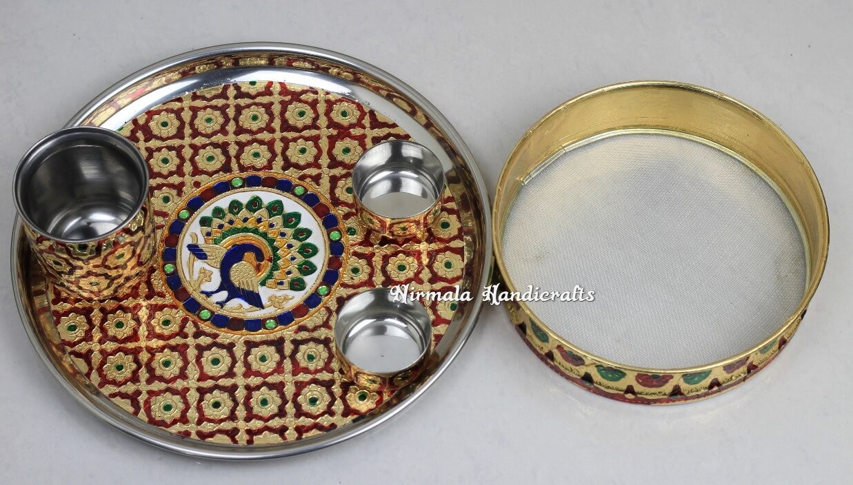 Meenakari Karwachouth Thali with Lota and Meenakari Chalni, Meenakari Bowl