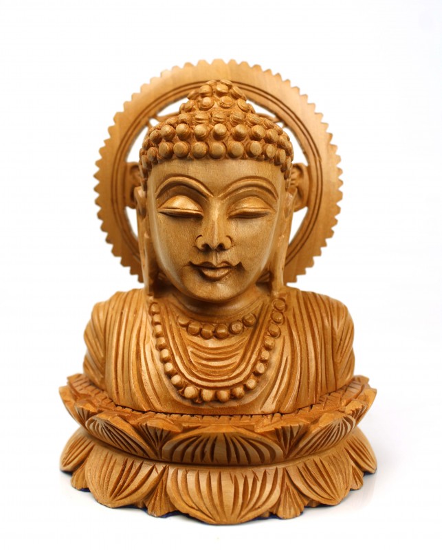WOODEN BUST BUDDHA FIGUR ON LOTUS