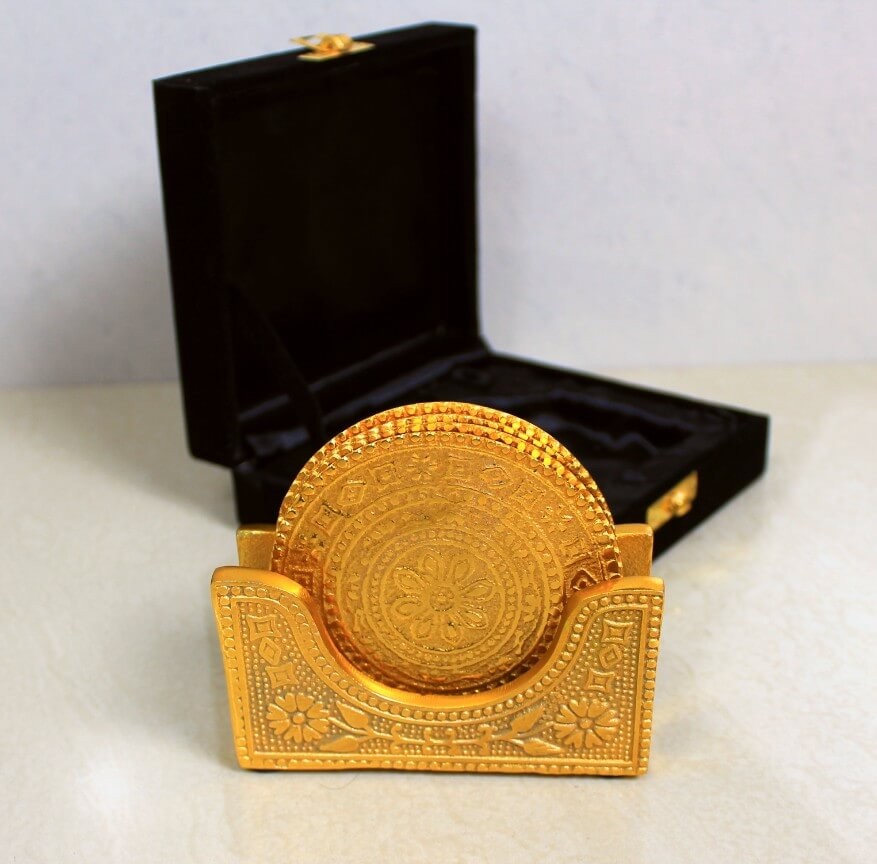 Aluminium Gold Plated Coaster for Gifting | Golden Tea Coaster in Velvet Box