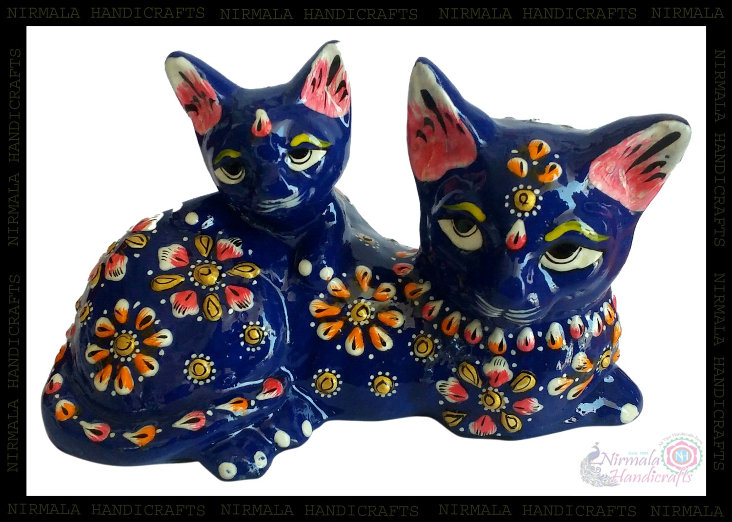 Metal Meenakari Cat with Baby Cat Figure | Enamel Painted Sitting Cat with Kitten