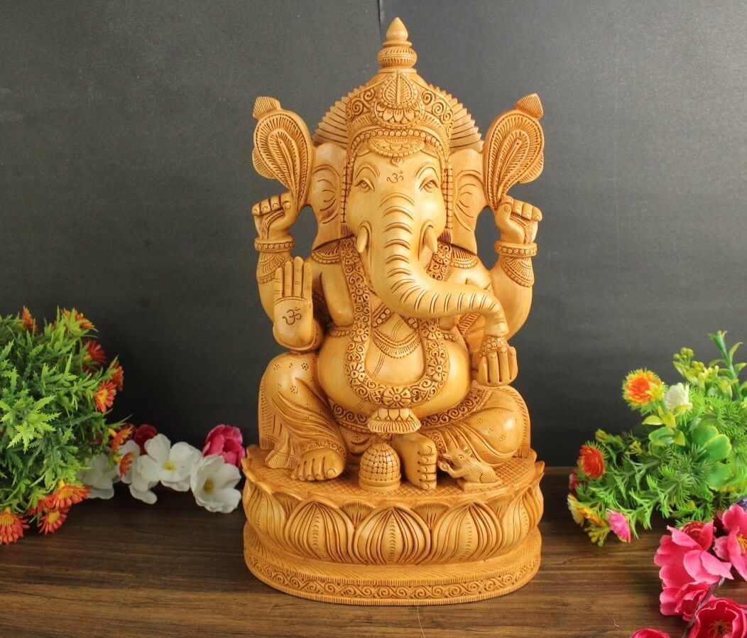 WOODEN LOTUS SITTING GANESHA