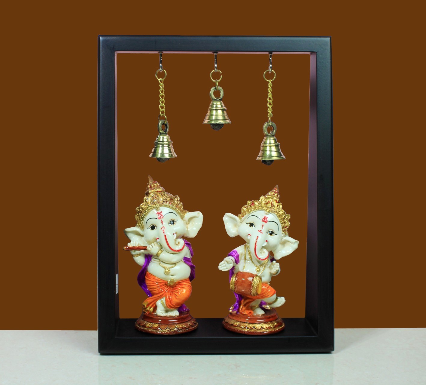 Dancing Ganesh With Bell and Wooden Frame
