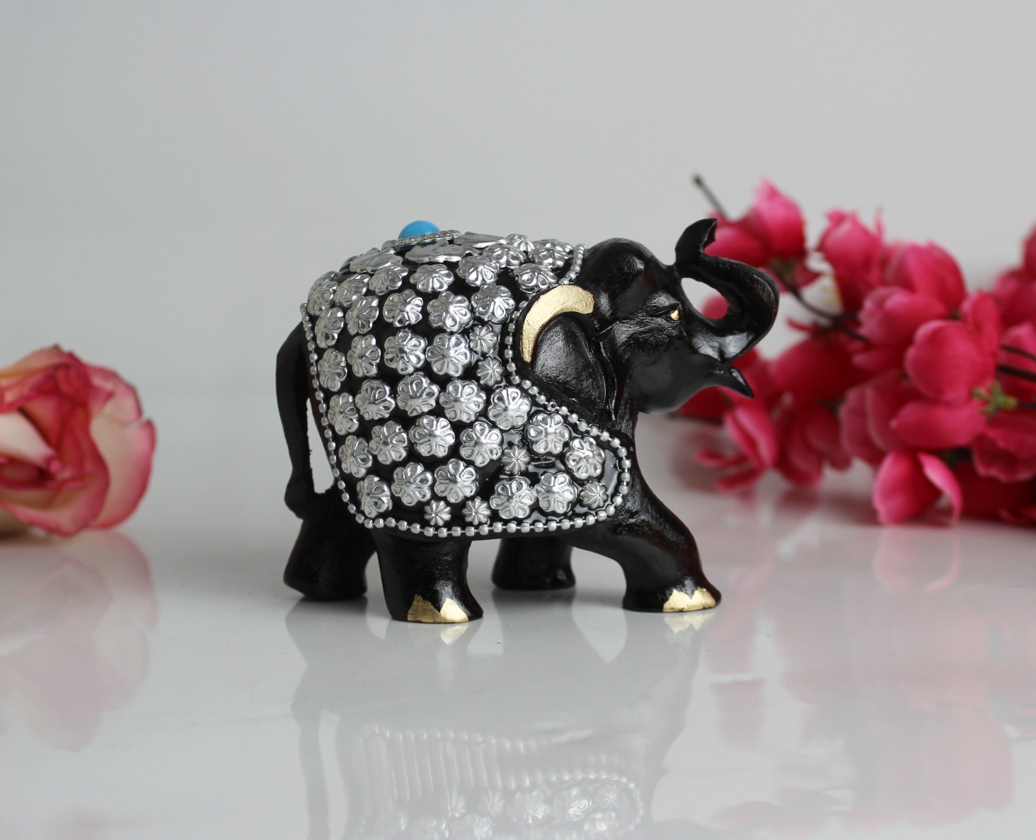 Wooden Elephant with Stone Work | Wooden Handmade Elephant