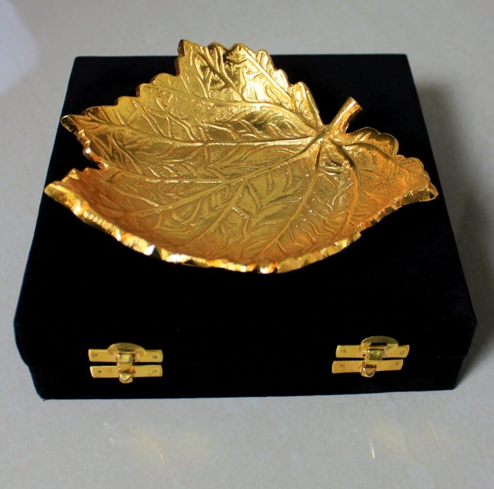 Gold Plated Leaf Style Bowl in Velvet Box | Aluminium  Decorative Bowl
