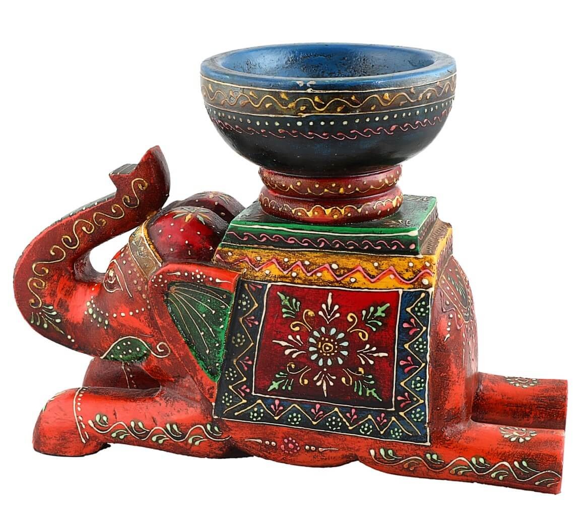 WOODEN PAINTED SITTING ELEPHANT BOWL