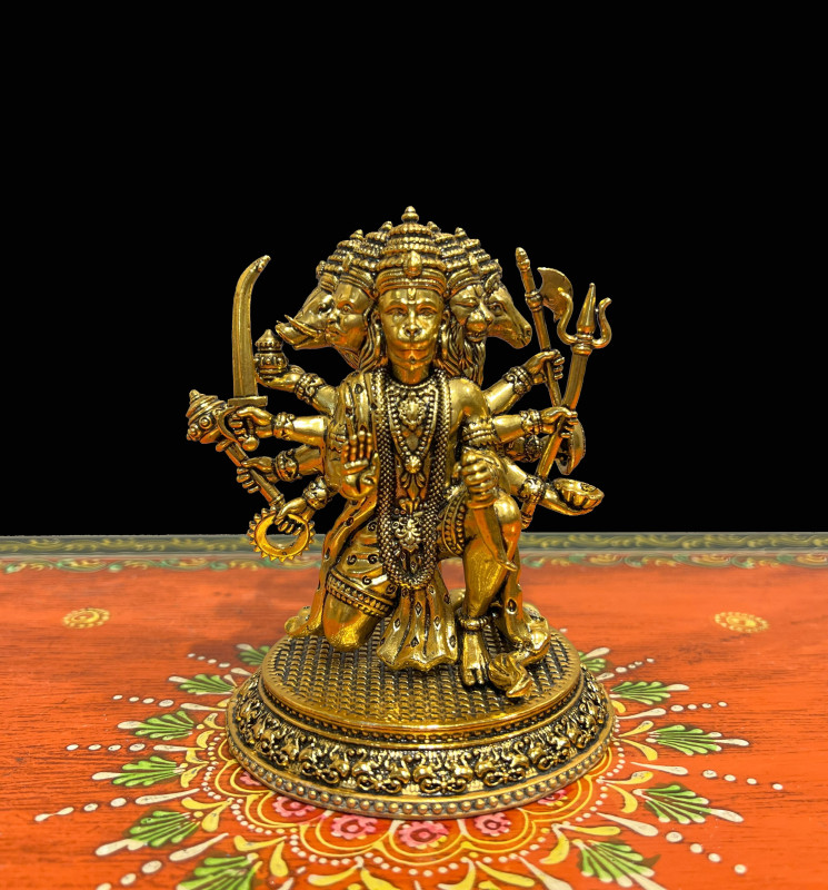 Brass Five Face Hanuman Gold Plated