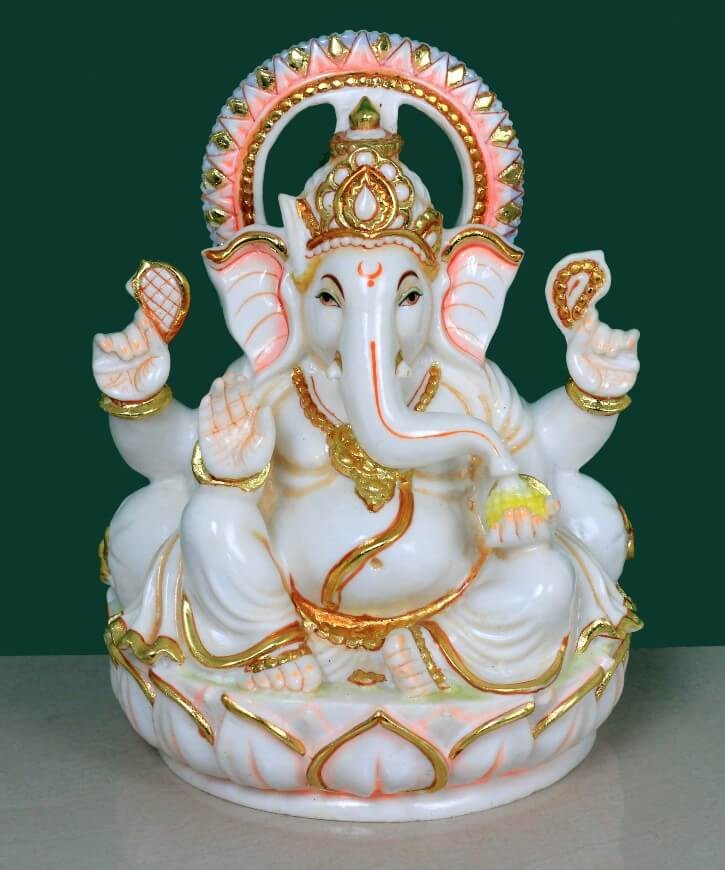 MARBLE DUST LOTUS GANESH ON ROUND BASE