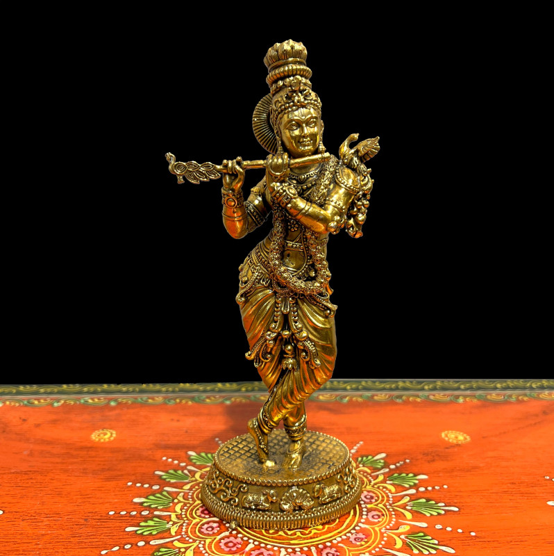 Brass Krishna Standing Gold Plated