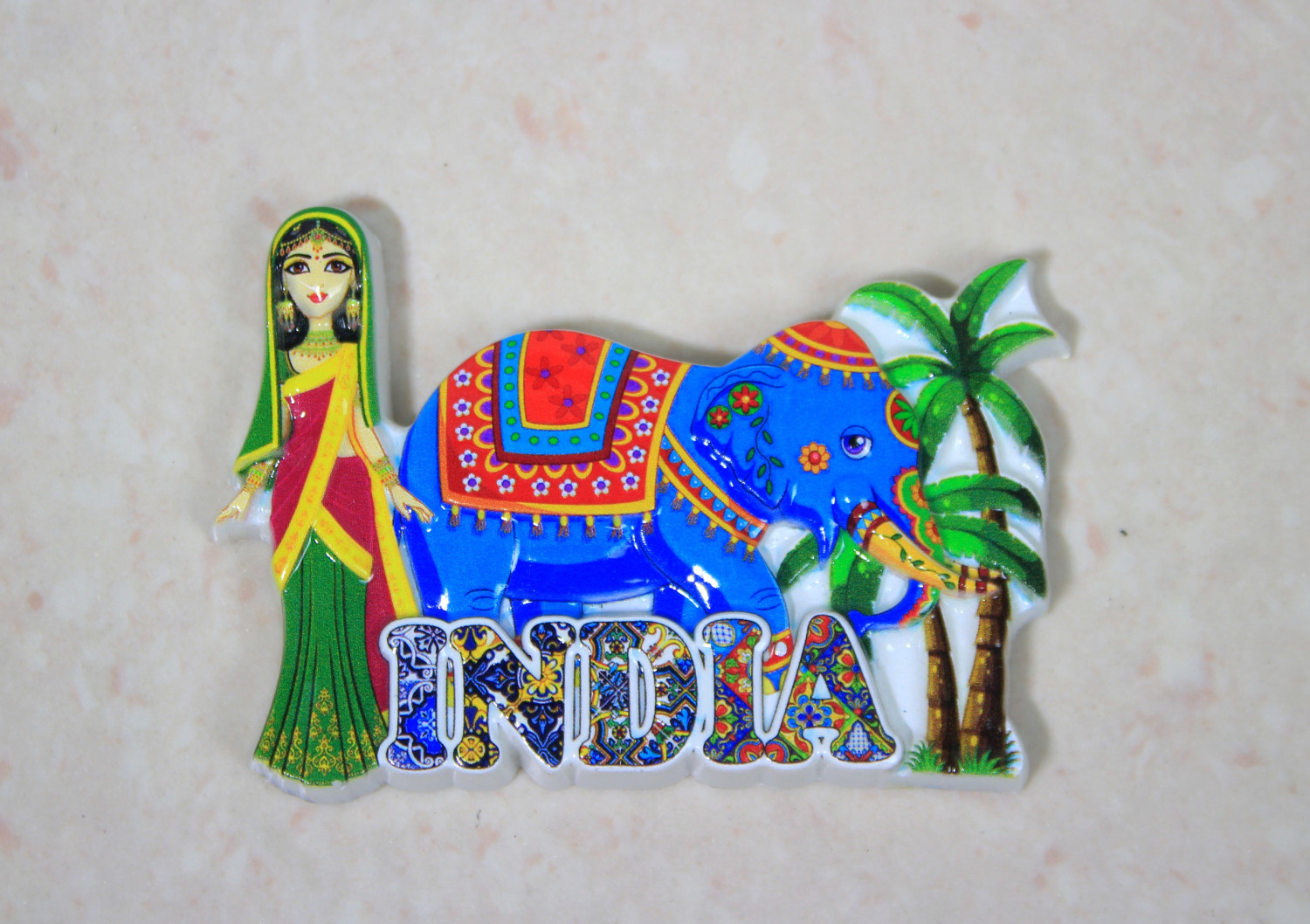 Ceramic Elephant with Lady Indian Magnet