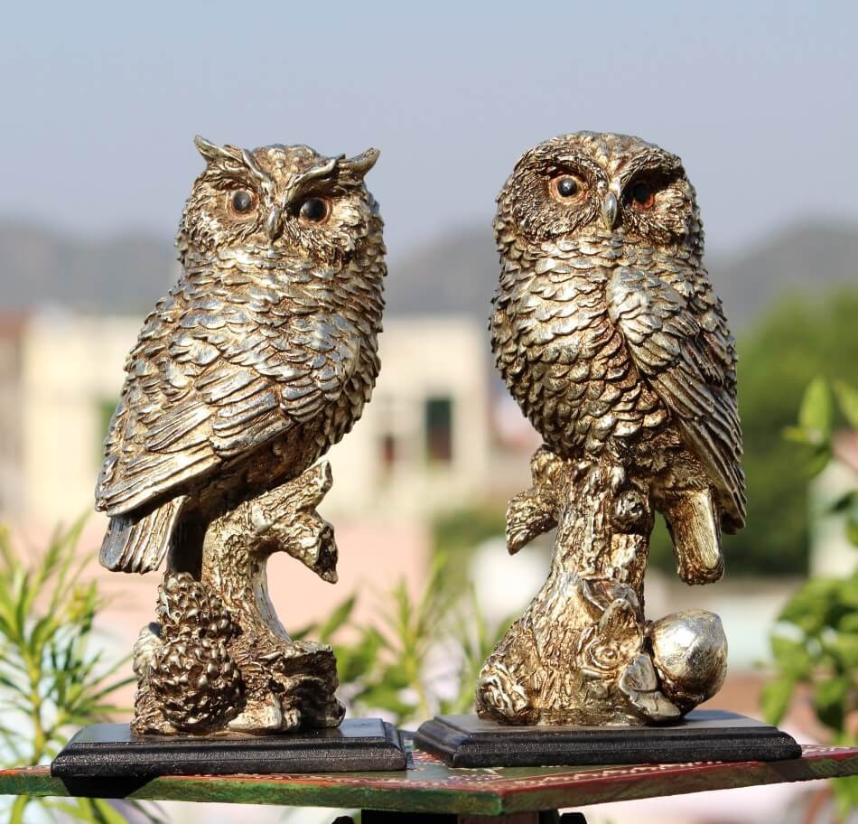 RESIN CRAFT SILVER OWL SET OF 2