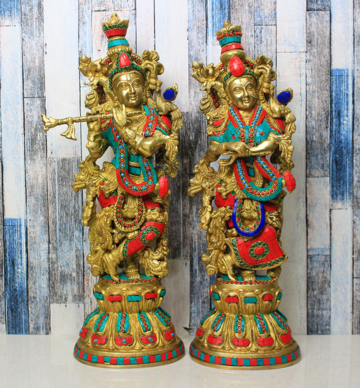 Brass Stone Work Radha Krishna Statue
