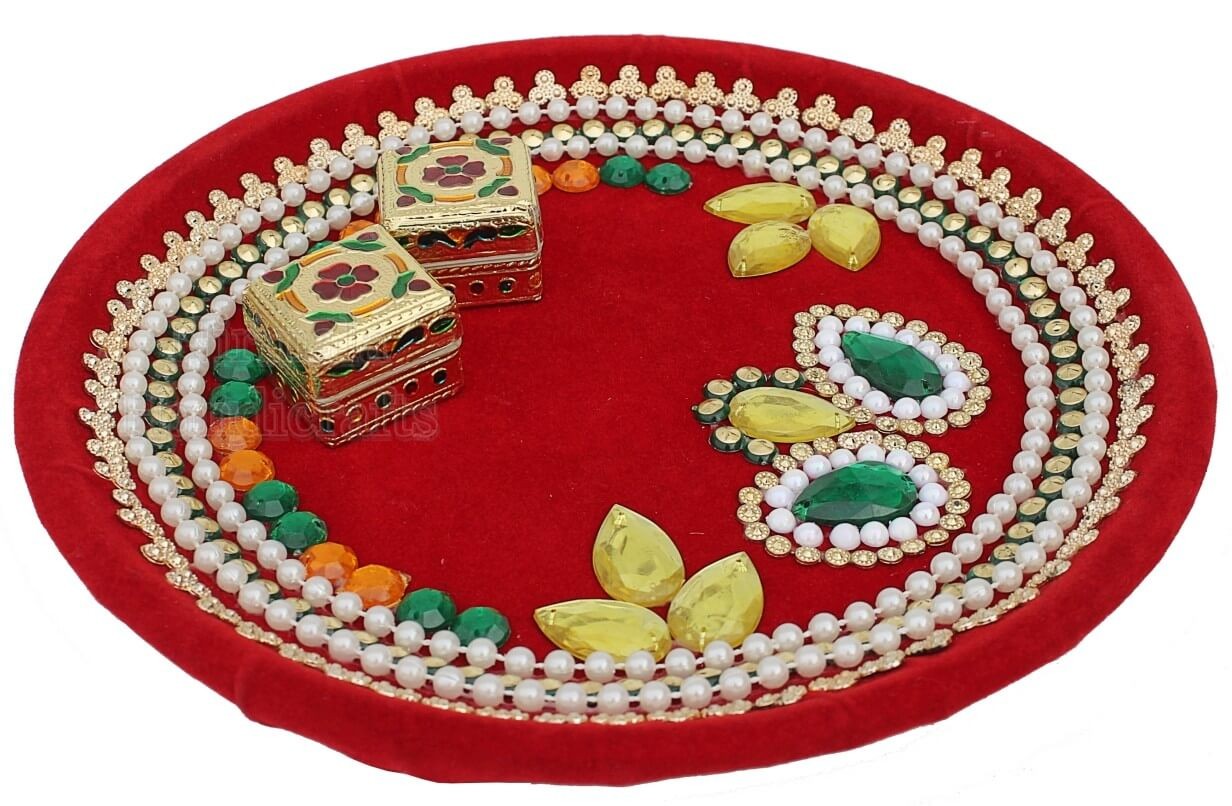 Velvate Stone Work Thali With Stone Work and Meenakari Ring Box