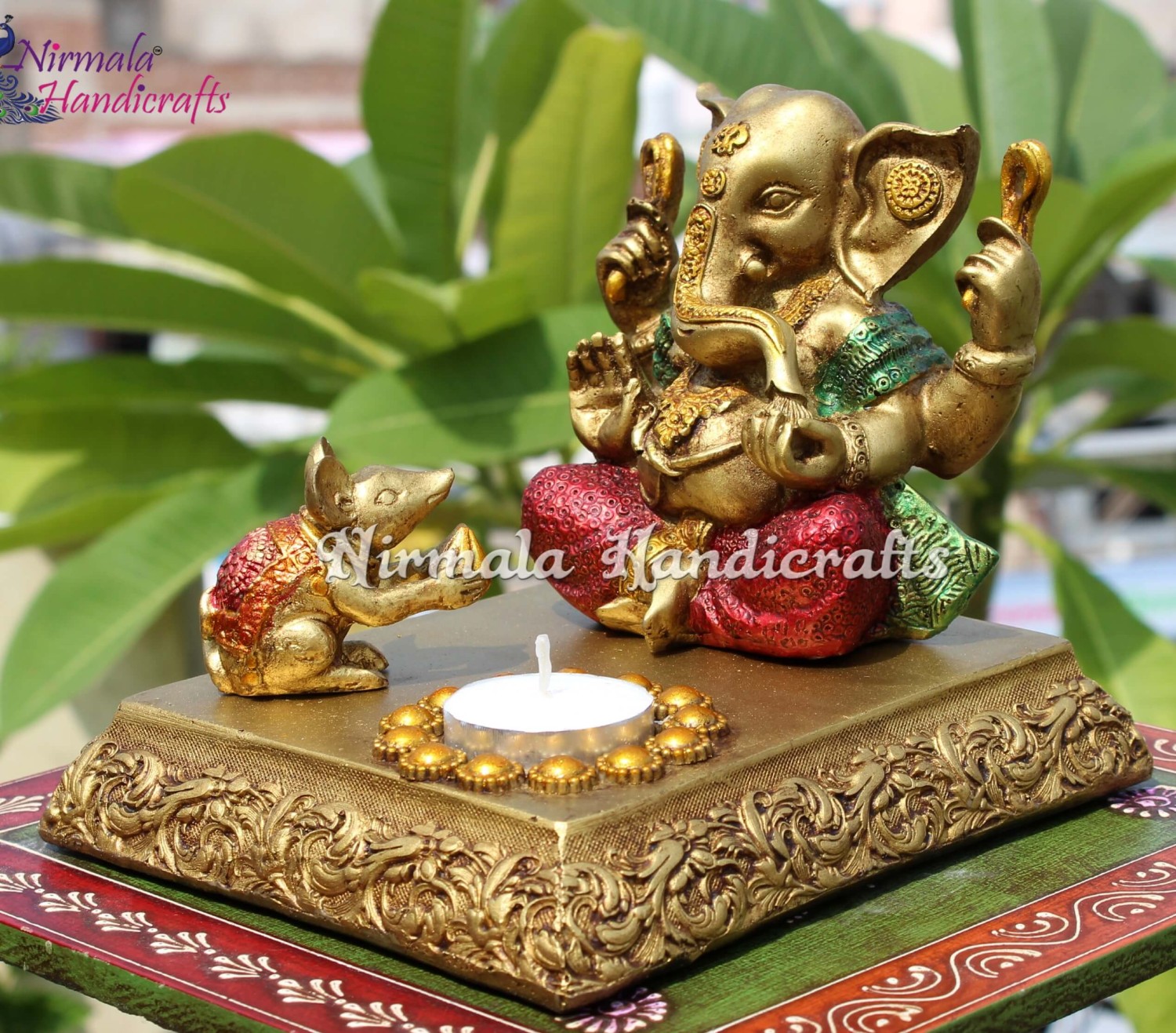 GANESH WITH MUSHAK ON STAND & CANDLE STAND