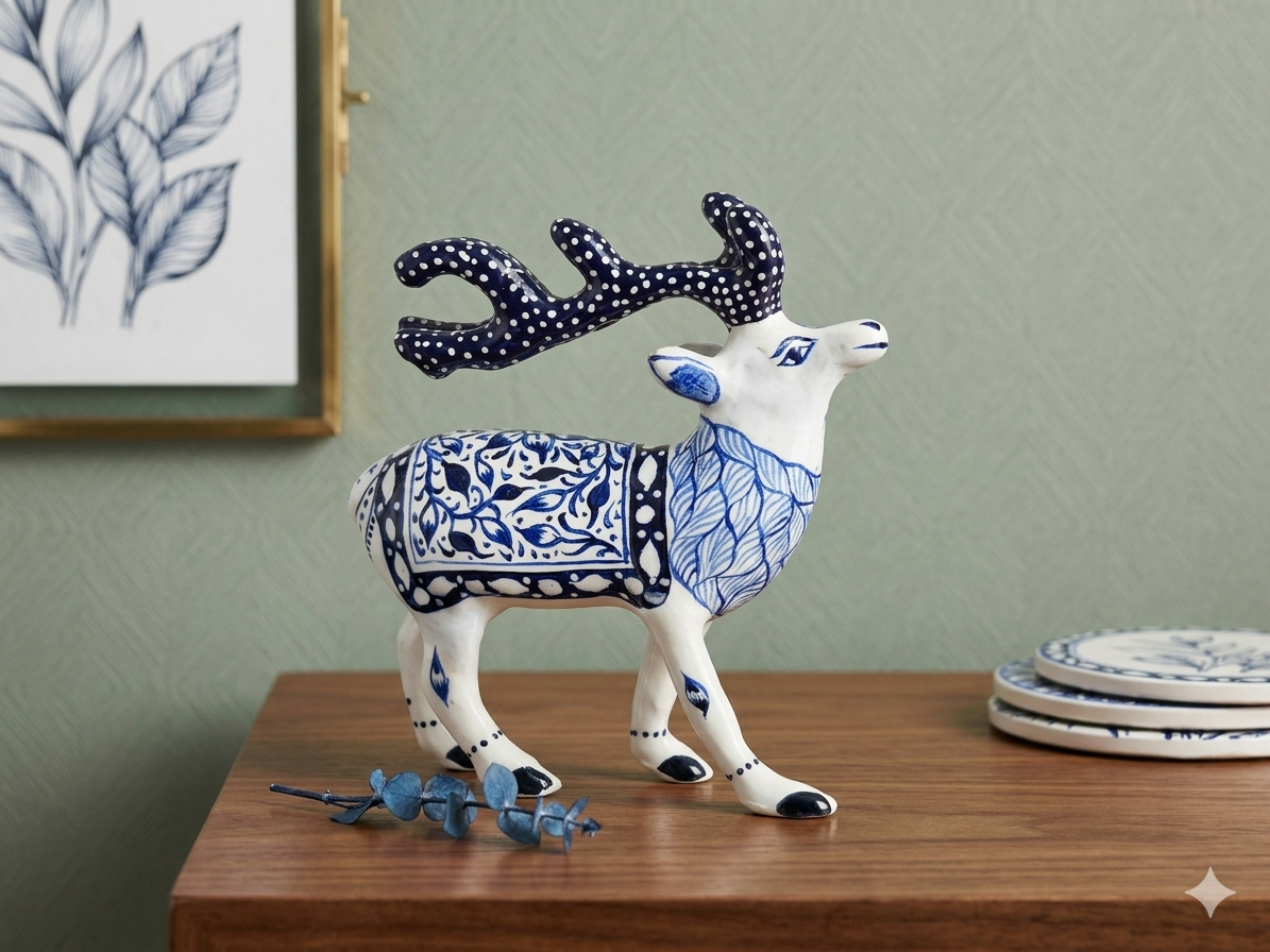 METAL BLUE POTTERY DEER