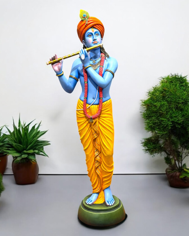Resin Standing Pagdi Krishna Statue (blue and yellow)