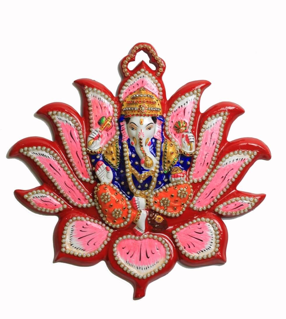 Metal Stone Work Lotus Ganesh Wall Hanging