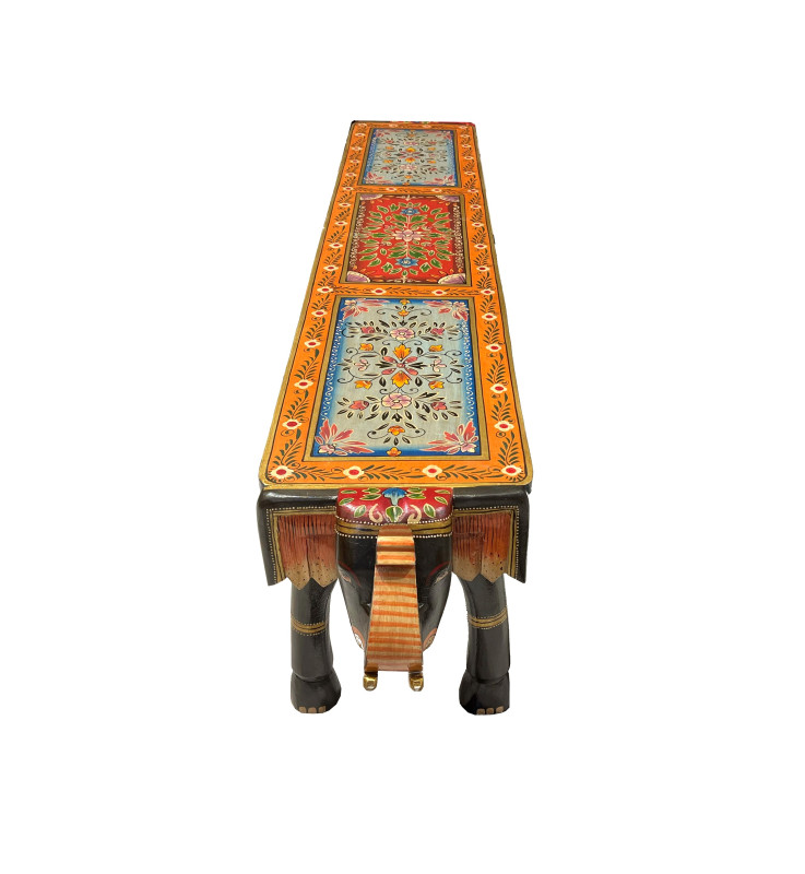Wooden Long Elephant Seater Painted