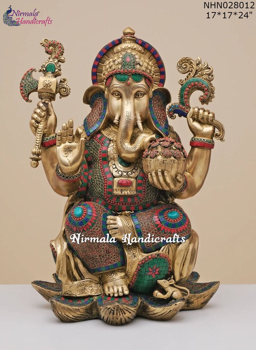Brass Stone Work Lotus Ganesh Statue