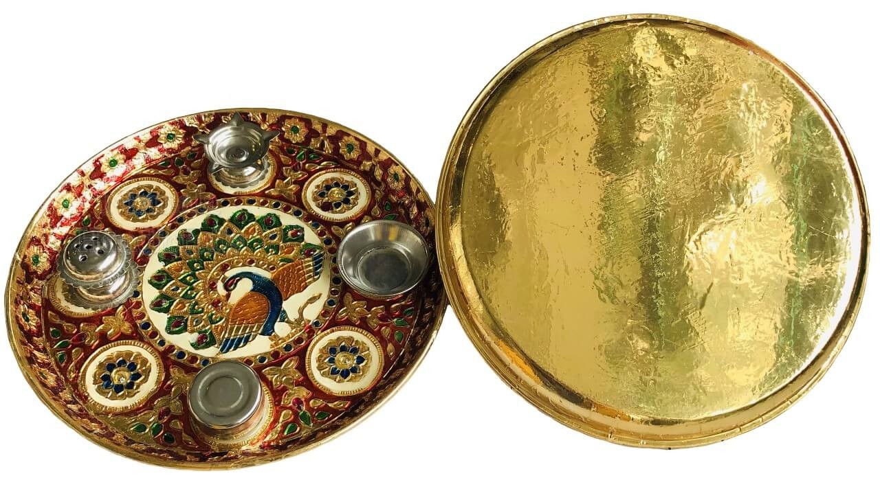Full Meenakari Thali With Other Puja Accessories Agarbatti Stand, Diya,